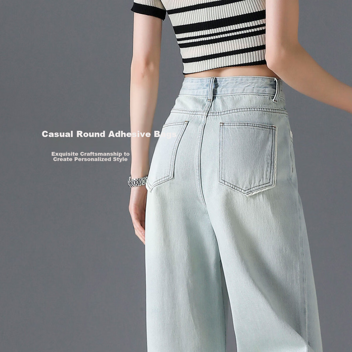 Dme [Juzhengrouwuzhao] Summer Street Style Influencer Fashion Straight-Leg Pants with Patchwork Pockets Cotton Denim Trousers for Wome