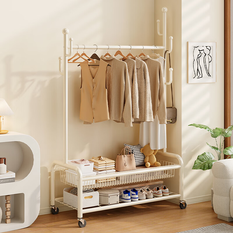 Yimo Movable Coat Rack, Floor-Standing Home Bedroom Iron Storage Shoe And Hat Hanger, 100 Double-Layer - White