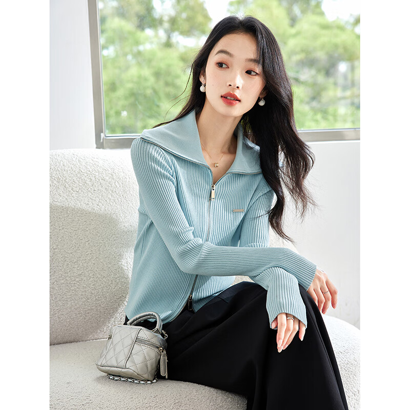 Fansiman Double Zipper Knit Sweater Women Autumn New Slim Fit Cardigan Blue L