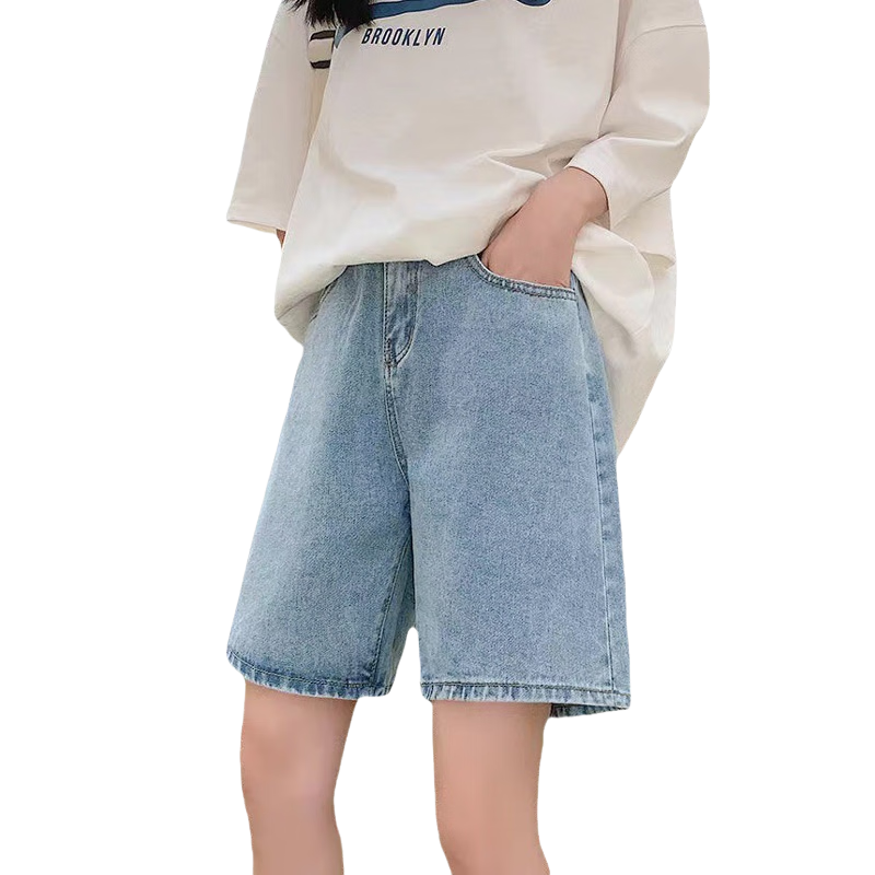 LangSha Five-Point Denim Shorts for Women, Summer 2025 New Style, Straight-Leg Hong Kong Flavor, High-Waisted Loose-Fitting Slimming A-Line Wide-Leg Mid-Length Pants Trendy