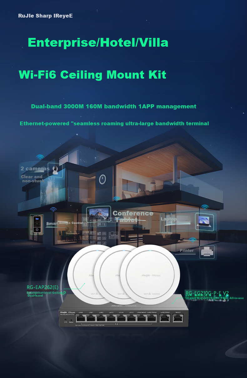 Ruijie Whole-House WiFi 6 Ceiling-Mounted AC + AP Set, 3000M, 1-To Home Wireless Gigabit Router, Smart Home, RG-EG105G V2+RG-EAP262(E)*2 1