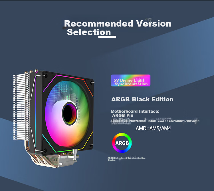 JPLAYER Ziyi Collaboration Edition 6 Copper Tube CPU Cooler Black ARGB Lighting Synchronization Intelligent Temperature Control (Supports All Platforms/With Thermal Paste/200W Power Dissipation) JPS-511 2