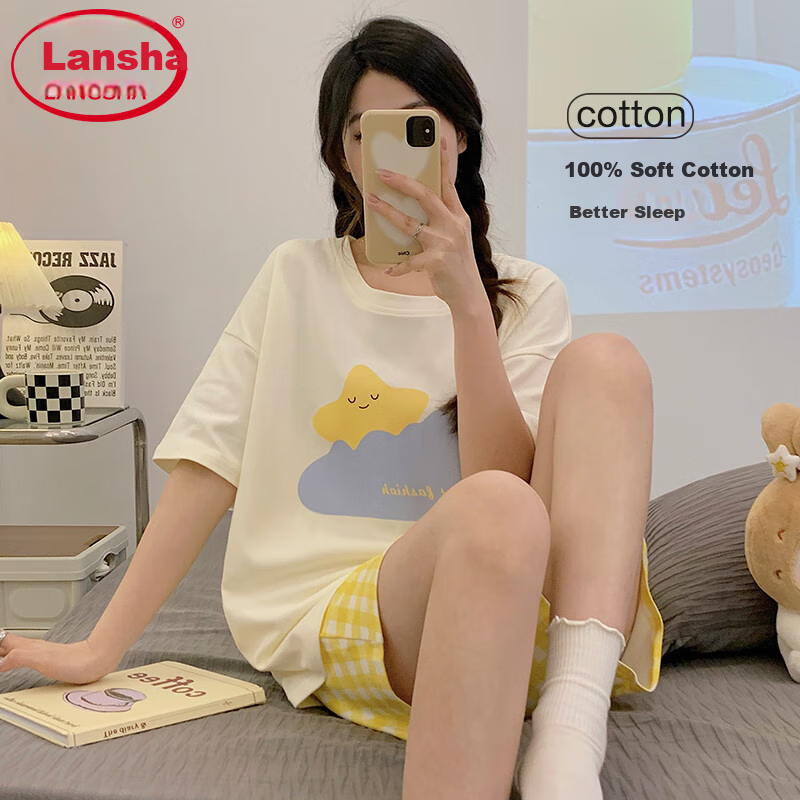 Женский пижамный комплект LangSha, 100% хлопок, летний, короткий рукав, шорты, милый стиль, домашняя одежда, можно носить снаружи