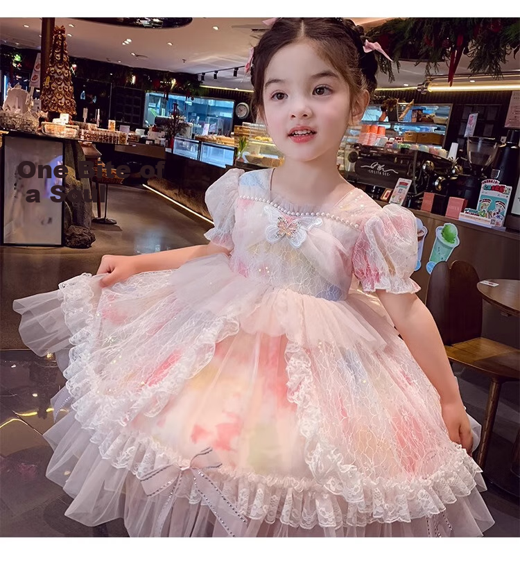 Anneyol Girls' Princess Dress Summer Outfit Stylish Children's Lolita Tulle Dress with Puff Sleeves, Pink, Size 160 19