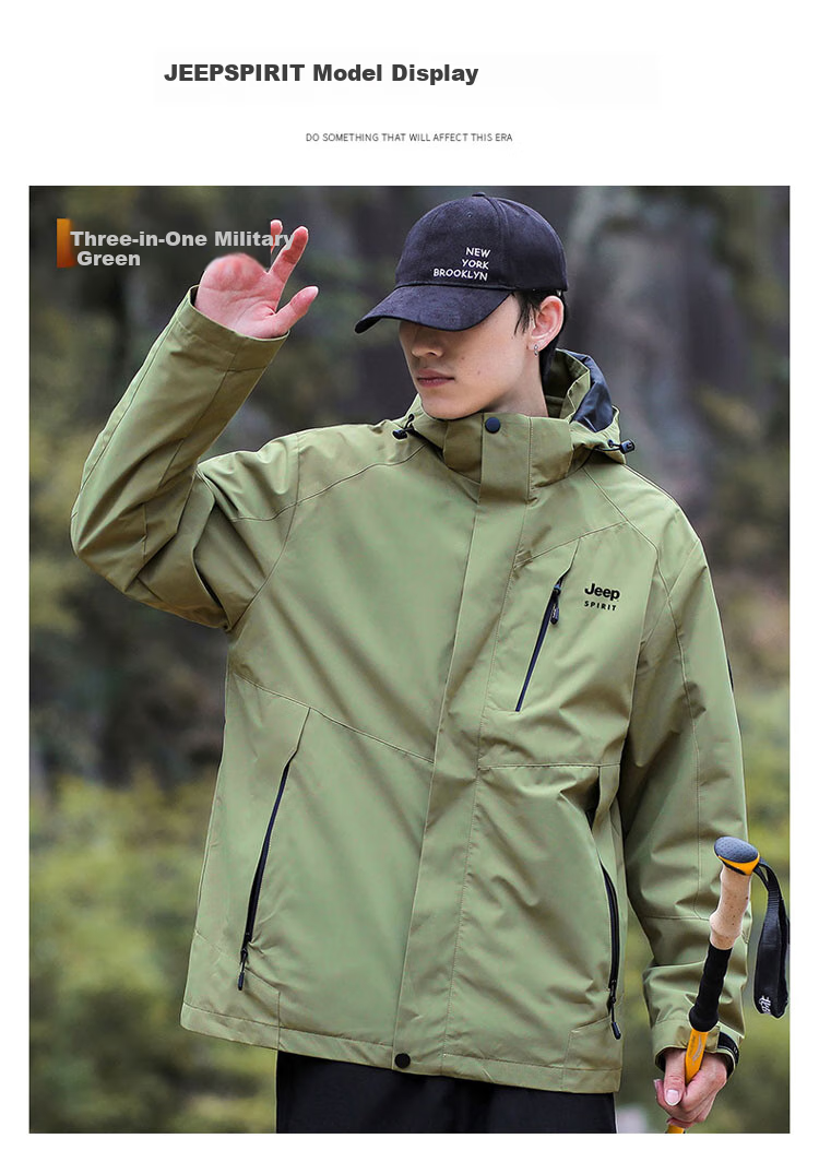 JEEP SPIRIT Men's Jacket, Spring And Autumn Korean Style Workwear Three-In Fleece Windbreaker, Ivory White - 2XL 10