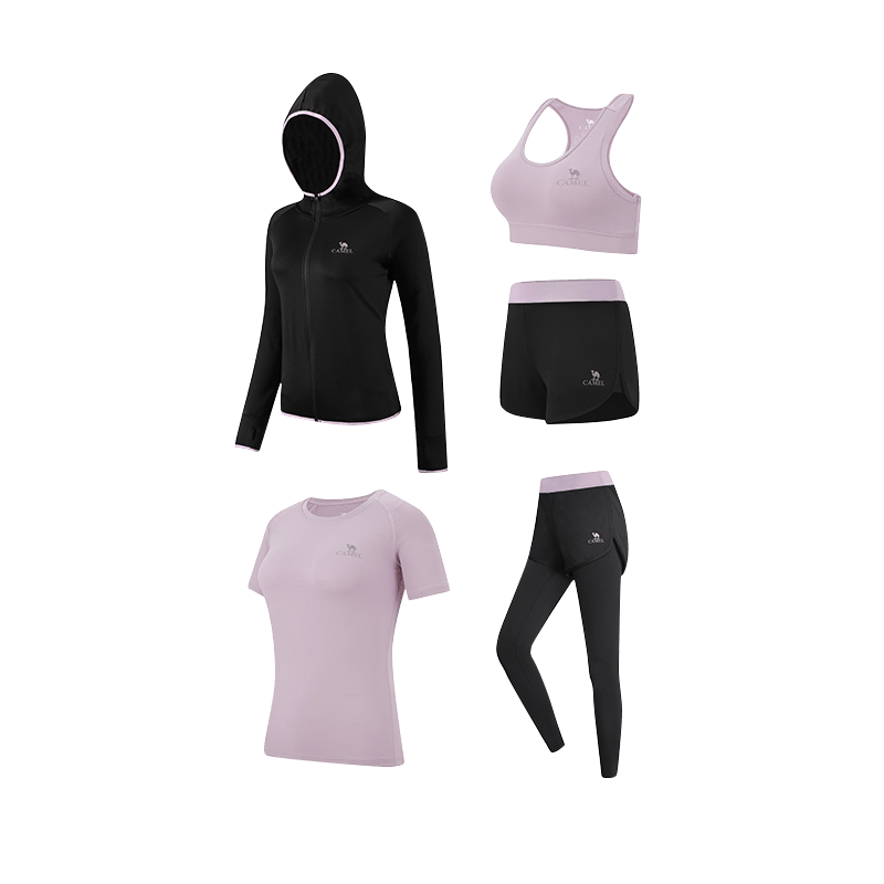 CAMEL Women's Sportswear Set, New Yoga Fitness Pilates Elastic Short-Sleeve Shorts And Pants Five-Piece Workout Outfit
