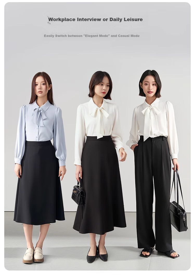 Bodexiaojie White Long-Sleeve Blouse for Women, Ribbon Tie, Professional Commute Top, Wrinkle-Resistant Interview Suit Inner Layer, Chiffon Blouse, XL 4
