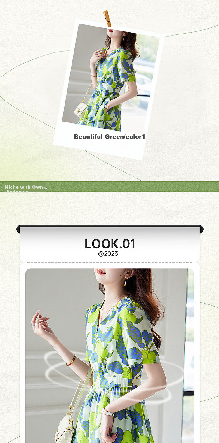 Dme Elegant Floral Print Waist-Cinching Dress, Summer Intellectual Commuter V-Neck Midi Dress for Wome 3