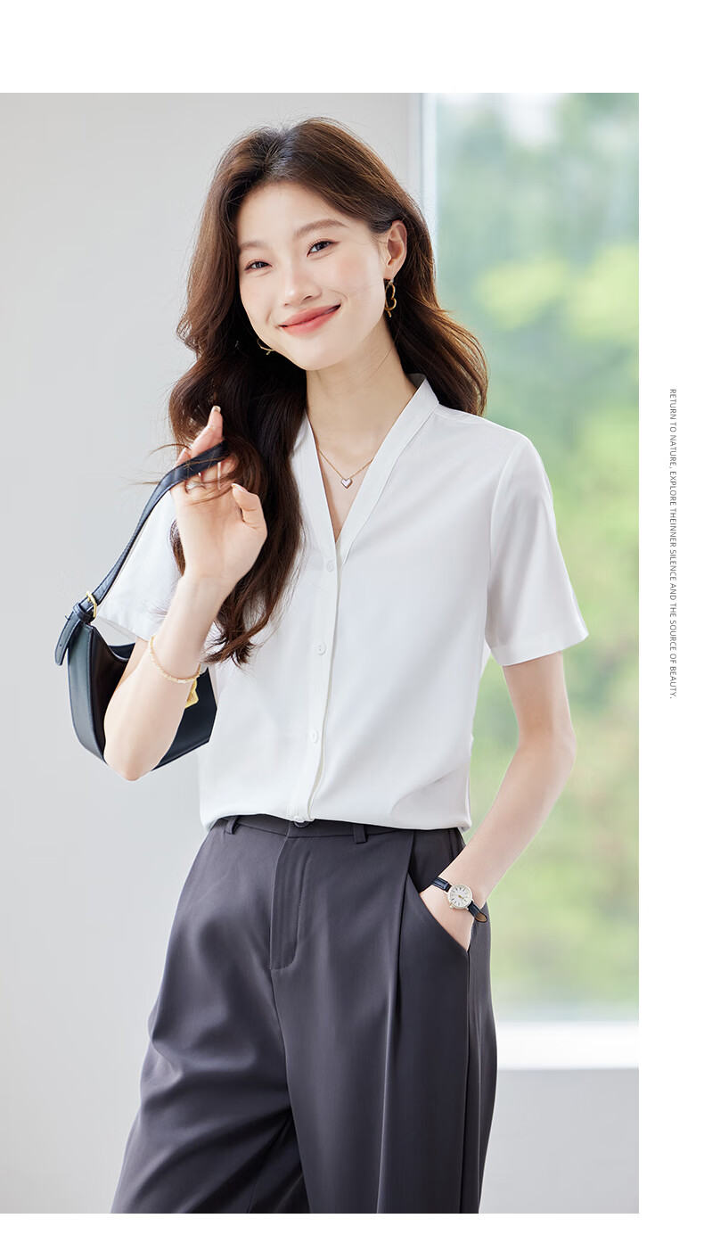 Jeanswest Women's Short Sleeve Shirt Summer Professional Slim Fit High-End Collarless Versatile Top Purple L 14