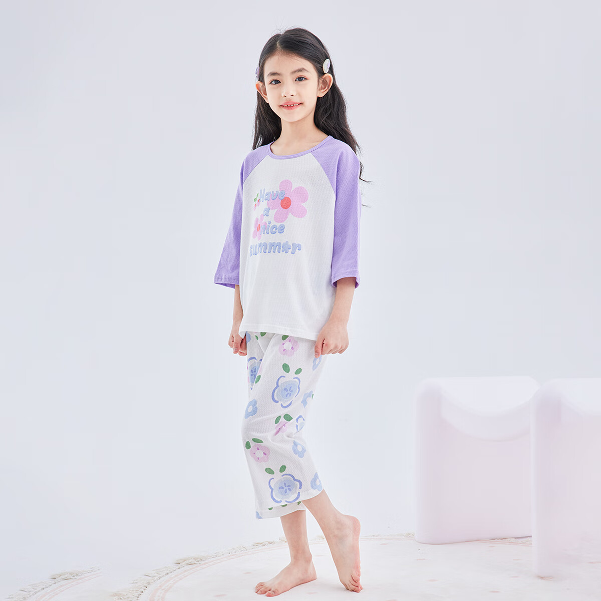 DEESHA [7A Antibacterial Cotton Mesh Jacquard] Girls' Lightweight Breathable Three-Quarter Sleeve Eight-Point Pant Pajama Set Air Conditioning Wear