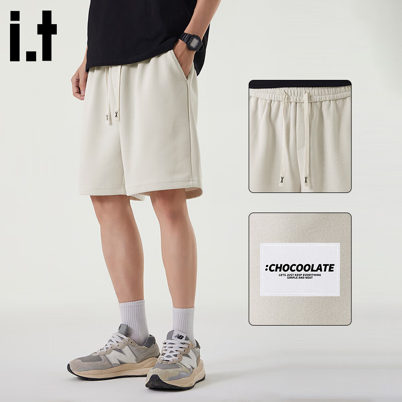 :CHOCOOLATE Apricot-Colored Knitted Casual Shorts for Men, Summer Lightweight Loose Versatile Five-Point Pants, Apricot Color, Size S