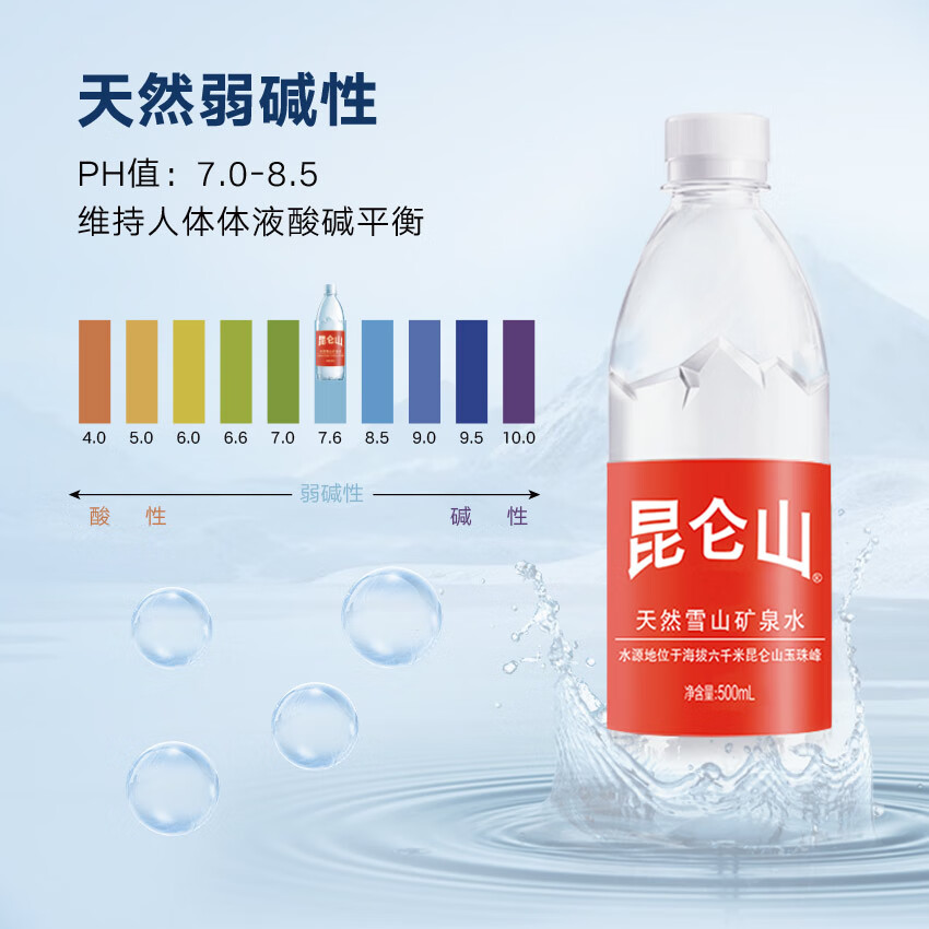 昆仑山矿泉水 饮用天然弱碱性 500ml*20瓶 整箱装 高端矿泉水