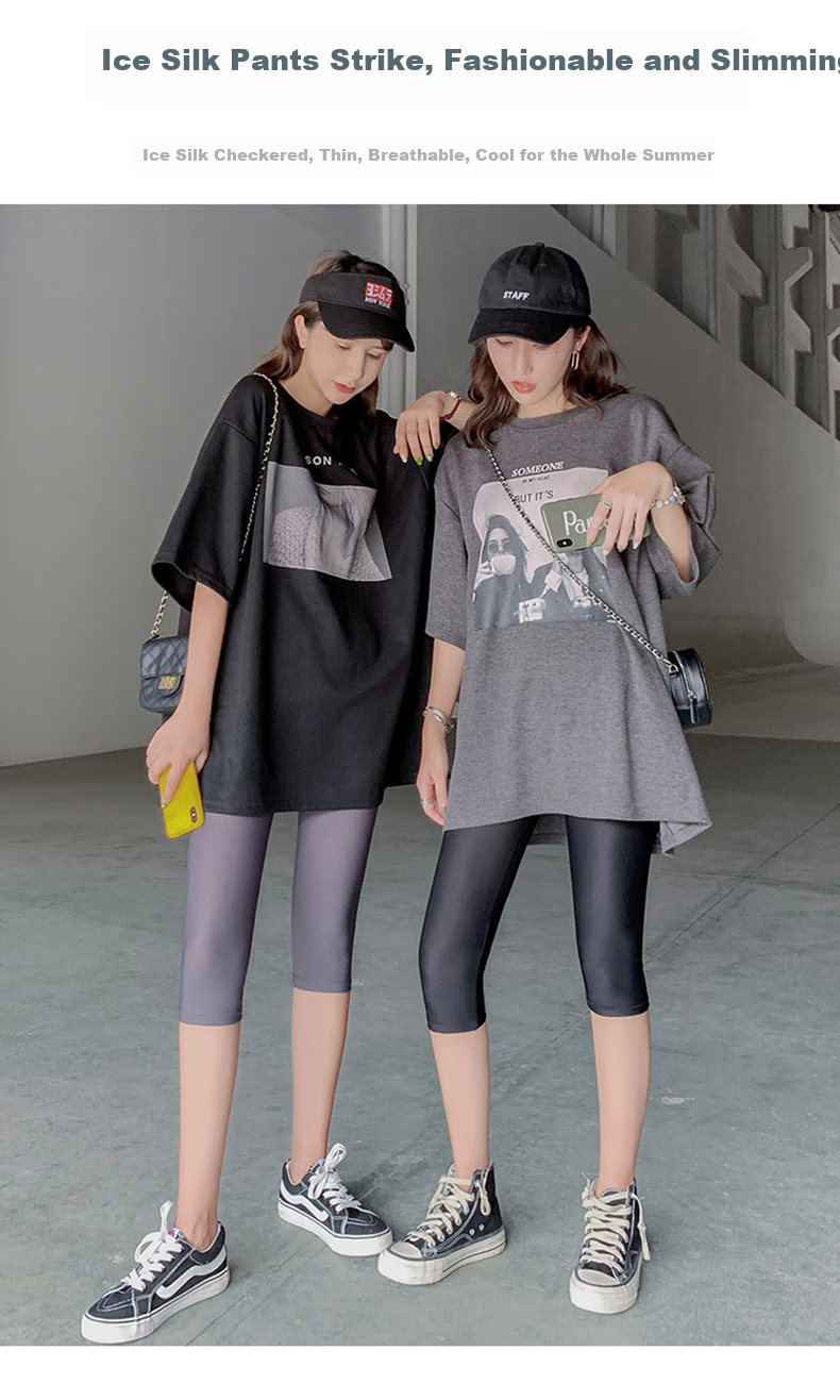 LangSha Ice Silk Leggings for Women, Summer Thin Seven-Point Pants, Elastic Slimming Magic Pants, Black Tight-Fitting Skinny Pants for Outer Wear 3
