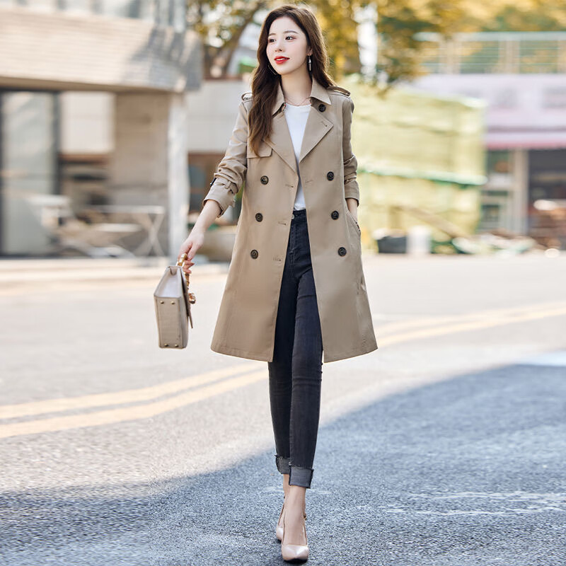 AOTUN Women's Trench Coat, Autumn Style, Korean Version, Loose Casual Mid-Length Outerwear, AT3212-1, Khaki Color, XL Size