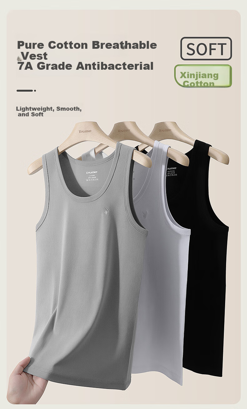 PLAYBOY Pure Cotton Tank Top for Men, Large Size, High Elasticity, Sweat-Wicking, Breathable Undershirt, 2 Pieces 1