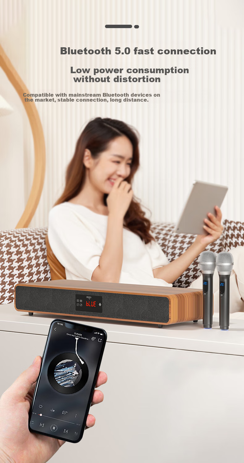 Aiguozhe T108 Bluetooth Speaker, Soundbar TV Speaker, Wireless Home KTV Theater Karaoke Speaker Set, All-In Machine with Dual Microphones, Wood Grain Color 6