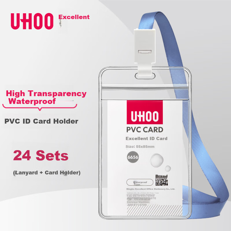UHOO Waterproof PVC ID Card Holder, 24 Card Holders + 24 Lanyards, Vertical, Transparent, Work Badge Employee Card Access Card, 6656-5 Gray Blue Lanyard
