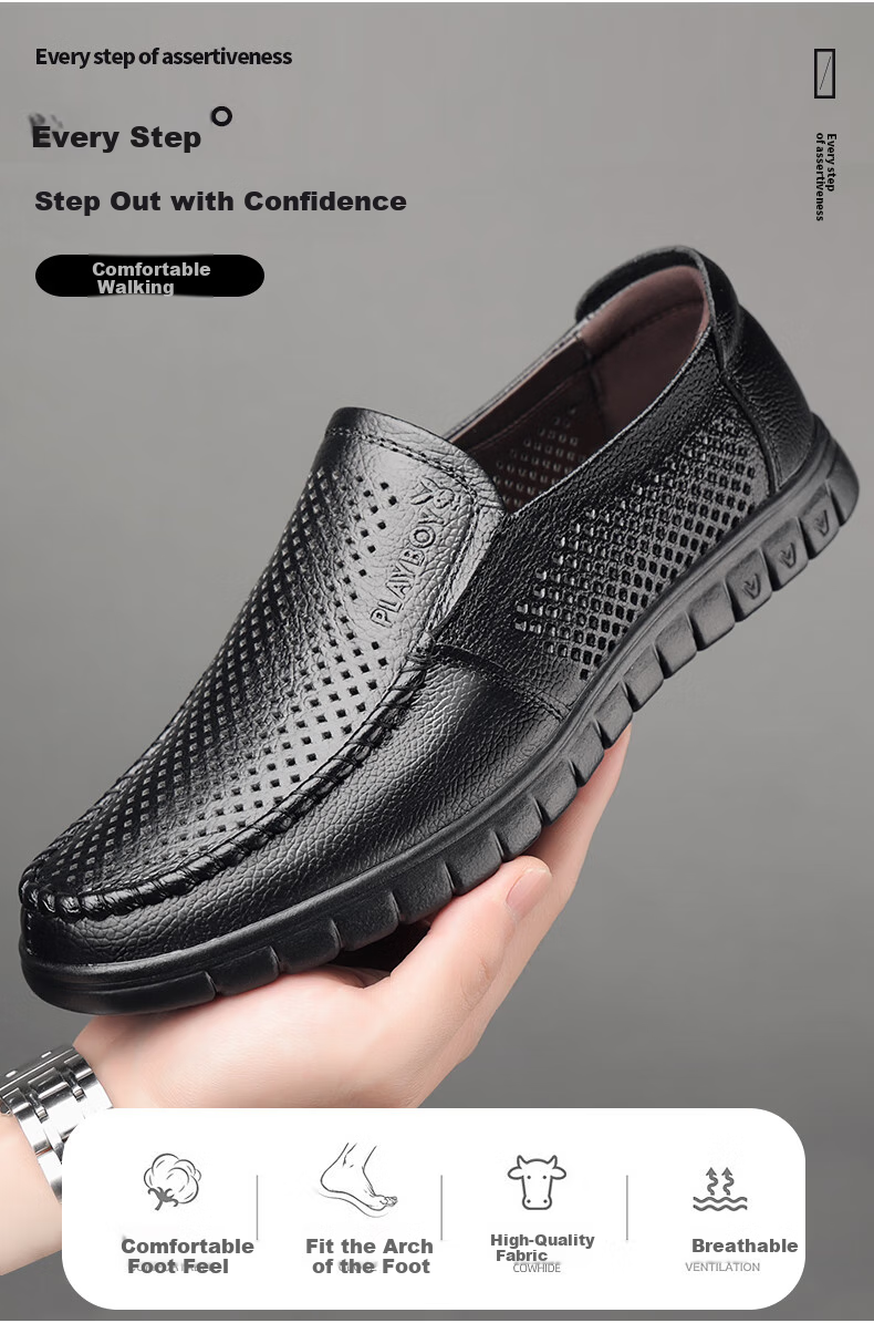 PLAYBOY Men's Summer Hollow Breathable Soft Leather Slip-On Business Casual Shoes Dark Brown Size 45 1