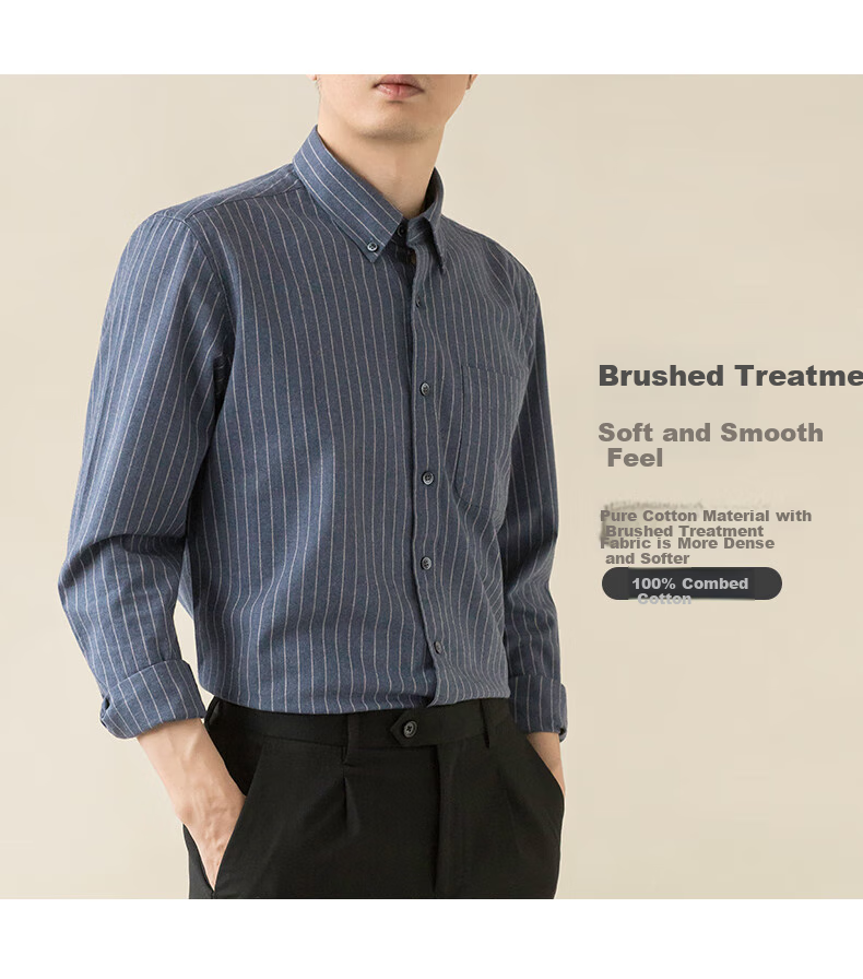 BLACKMONDAY Premium Pure Cotton Brushed Striped Long-Sleeve Shirt for Men, All-Cotton Wrinkle-Resistant No-Iron Business Casual Dress Shirt 5