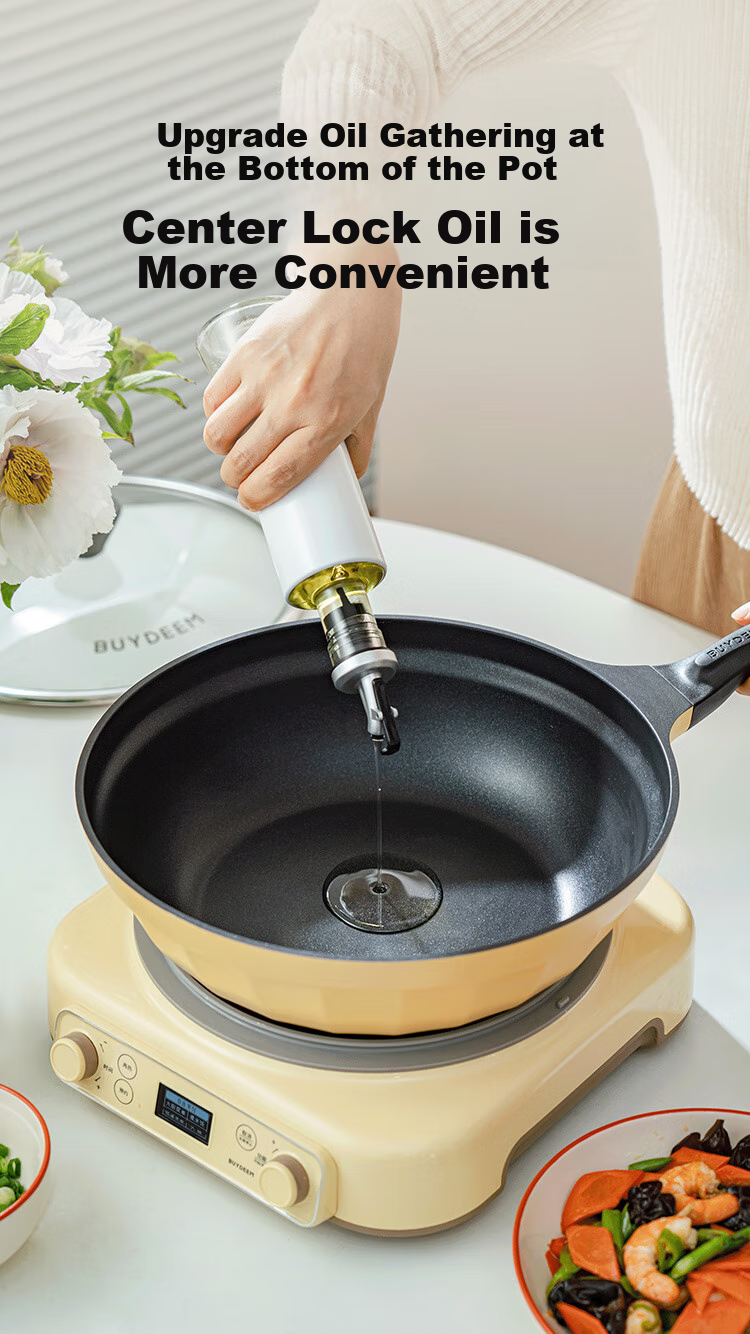 Buydeem 30cm Non-Stick Wok, Frying Pan, Flat Bottom Pan, Stir-Fry Pan, Light Smoke Oil-Gathering Small Yellow Pan, Compatible with Induction And Gas Stoves 5