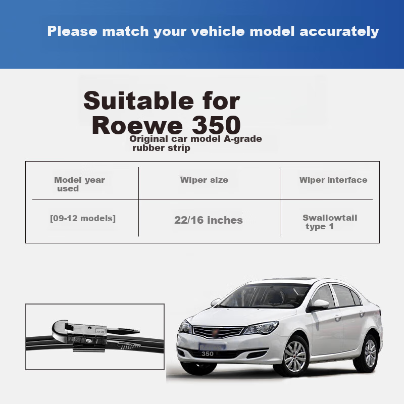 YITU Roewe 350 [2009-2012 Models] Dedicated Frameless Windshield Wipers (Pair), A-Grade Rubber Strip