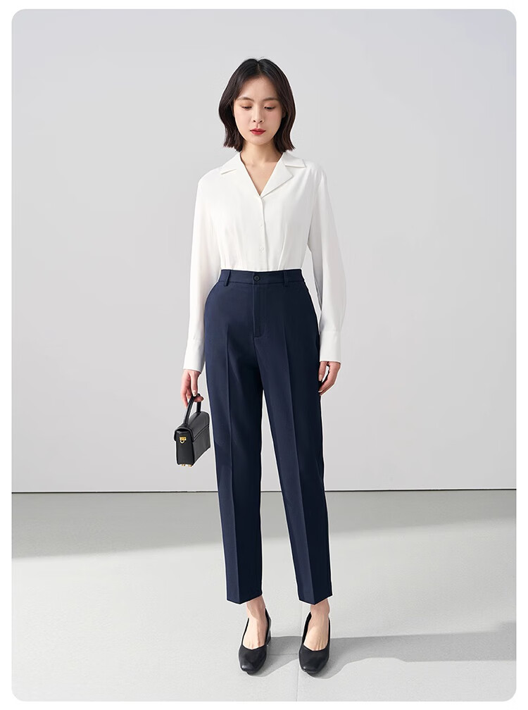 Bodexiaojie Navy Blue Suit Pants for Women, Professional Formal Wear, Interview Straight-Leg Trousers, Petite Cigarette Pants 25