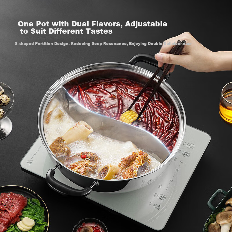 Maxcook 304 Stainless Steel Double-Sided Hot Pot, 30cm with Ladle And Lid, Compatible with Gas And Induction Stoves, MCT1204
