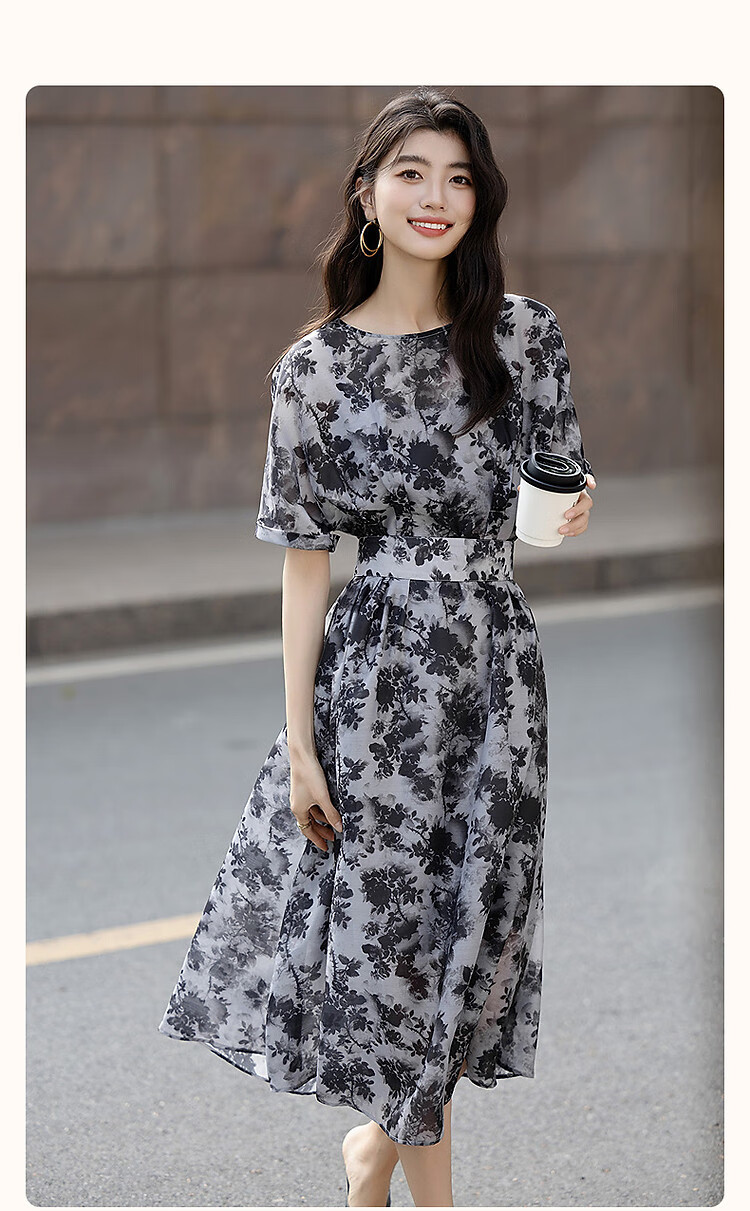 Dme [Retro Straight-Spray Ink Floral Print] Summer French Round Neck Drop-Shoulder Waist-Cinching Tie-Waist Women's Dress 2