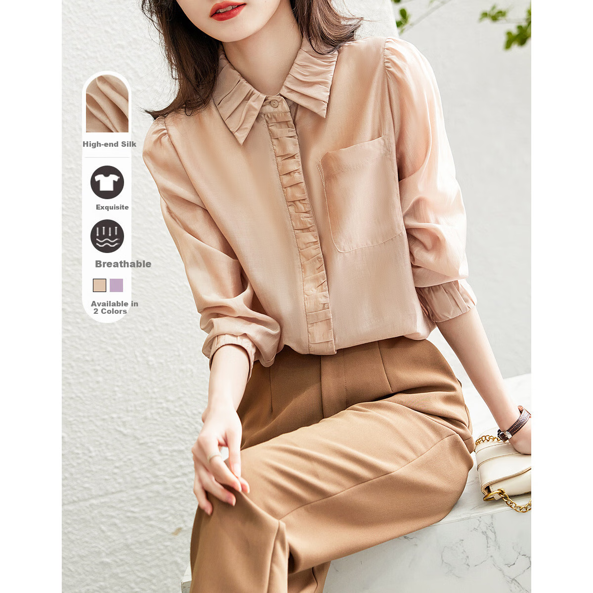 Dme [Smooth And Silky] Spring And Autumn Commute Light Luxury Tencel Shirt, Lapel Design, Pleated Long-Sleeve Blouse for Women Top