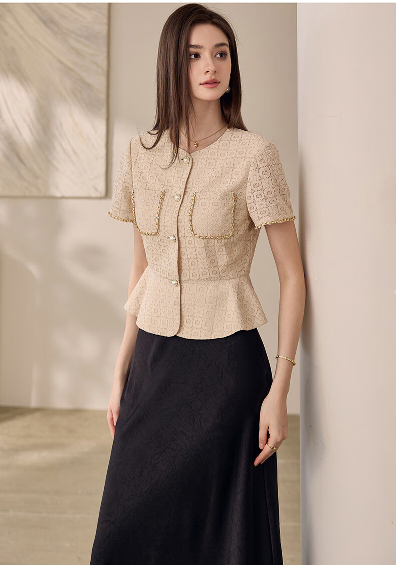 ROEYSHOUSE Lace Waist-Cinching Short Jacket for Women Summer Elegant Slim Ruffle Hem Top 11908 Apricot M 6