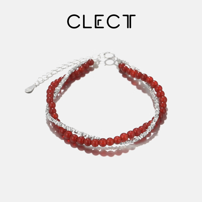 Clect Silver Double-Layered Stackable Bracelet for Women, Agate Bead Necklace, 925 Sterling Silver Jewelry, Sweet Versatile Birthday Gift for Girlfriend