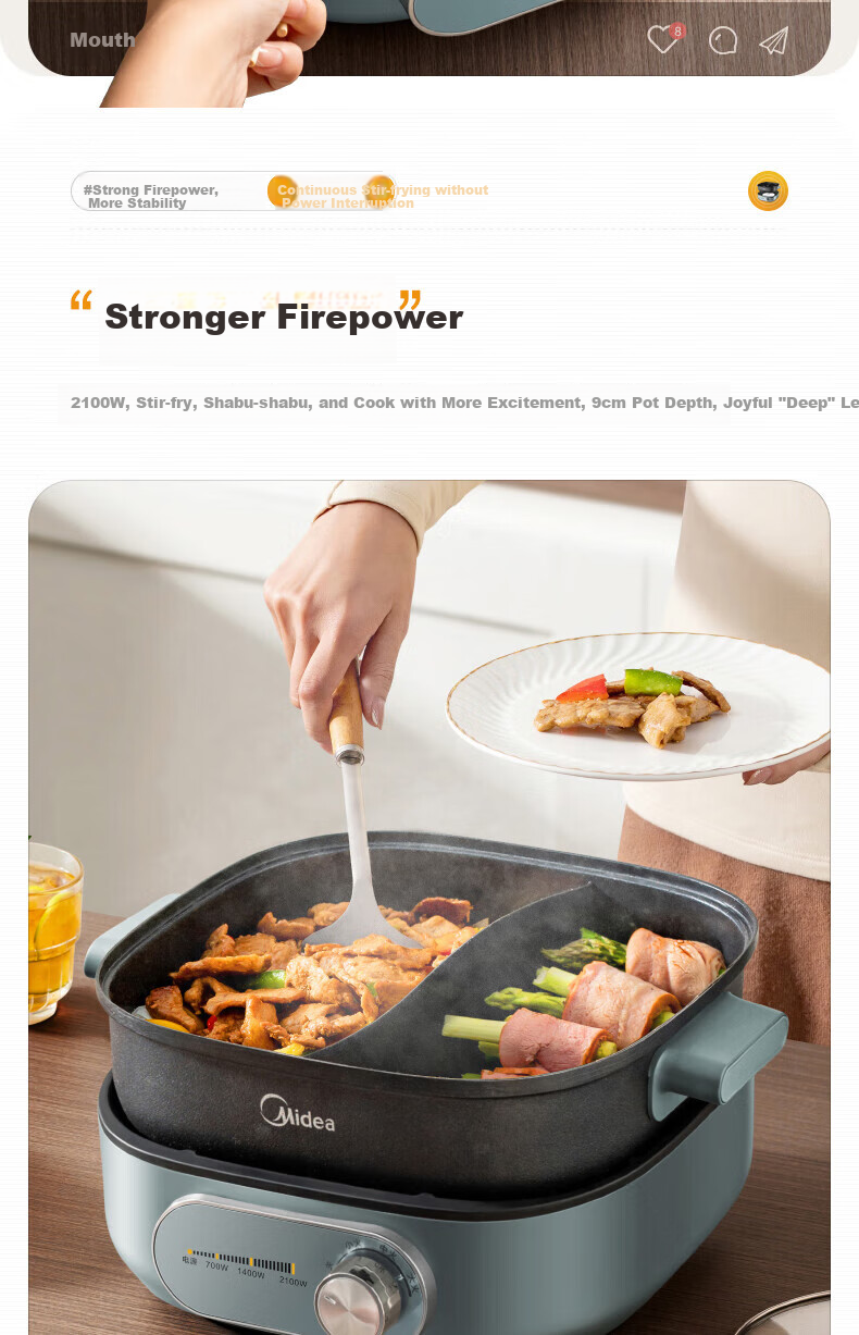 Midea Electric Hot Pot, Dual-Sided Pot for Home Use, 4-6 People, 6L Capacity, Titanium And Ceramic, Zero Fluorine, Antibacterial, Dormitory Style, Detachable Design, 9CM Deep, Multifunctional, Bionic Non-Stick Pot, New Electric Cooker, Self-Operated 11
