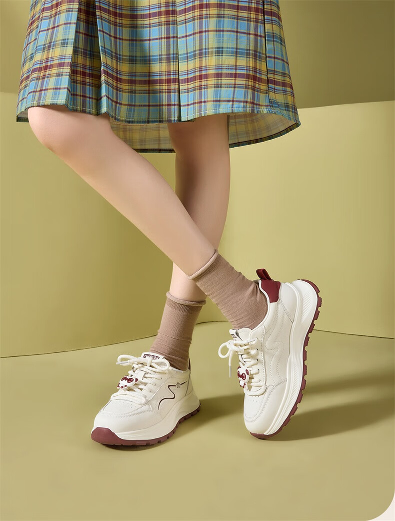 Yierkang Women's Shoes, Round Toe, Thick Sole, Height-Increasing White Sneakers, Comfortable Casual Flats, 13402W, Beige/red, Size 35 1