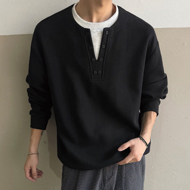 IZEXX Men's Two-Piece Style Henry Collar Sweatshirt Autumn Crewneck Simple Versatile Loose Fit Base Shirt JW19 Black 3XL