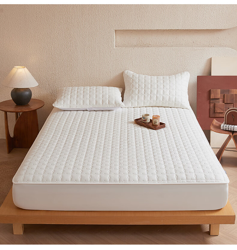 Grace Class A Pure Cotton Fitted Sheet, Antibacterial Quilted Mattress Protector Cover, Milk White, 180*200cm 5