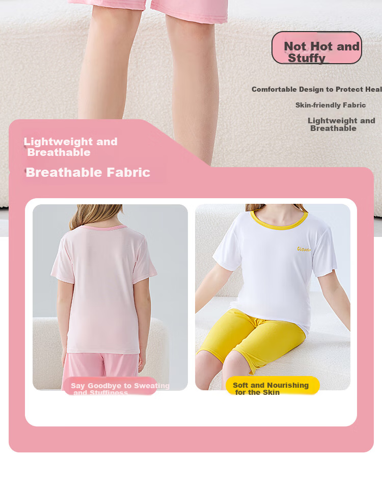 LangSha Children's Pajamas, Summer Girls' Short-Sleeve Thin Air Conditioning Wear, Big Kids Girls' Home Wear Set, Pink, Size 140 4