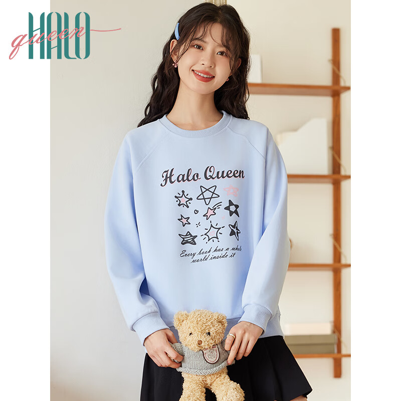 Halo Queen Women's Sweatshirt, Spring And Autumn Blue Round Neck, Letter And Star Print, Casual Versatile Pullover Top, New Product H143W1054