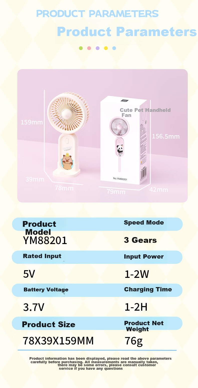 Siyicai Small Handheld Fan with USB Rechargeable Low Noise Three-Speed Base Portable Mini High-Power Baby Fan for Bathroom Office Dormitory Sky Blue 13