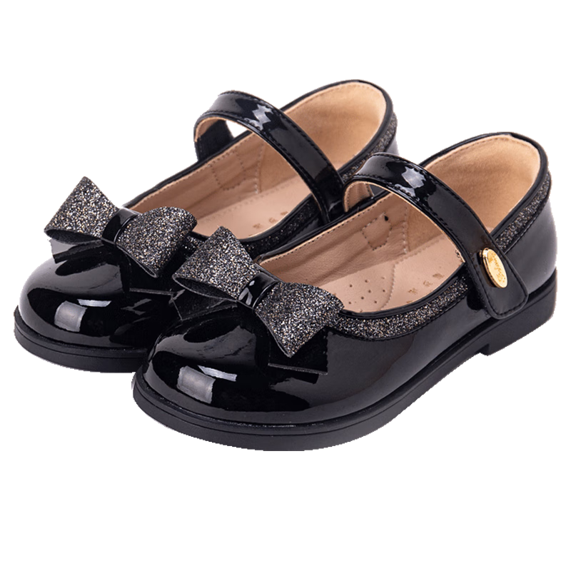 Fulomi Girls' Leather Shoes Children's Princess Mirror Soft Sole Performance Shoes Children's Single Square Toe Leather Shoes Shadow Black Size 36