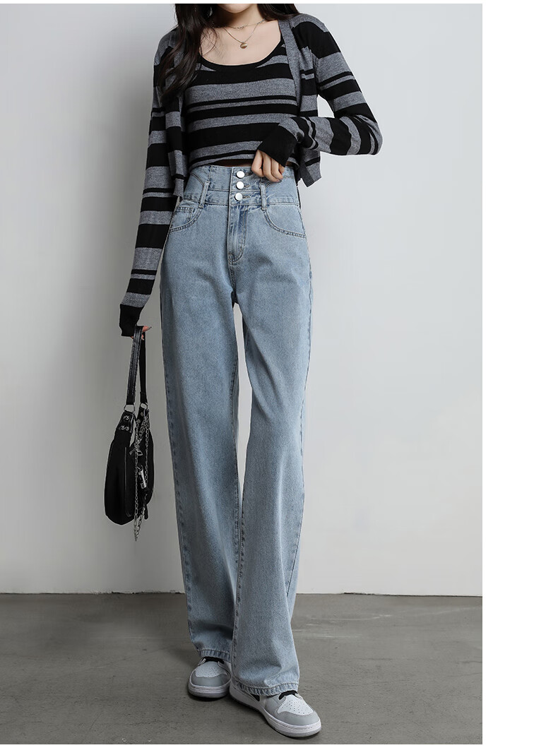 Romon [Cotton Stretch] Women's Summer High-Waist Slim Fit Simple Casual Loose Wide-Leg Jeans Dark Blue S 9