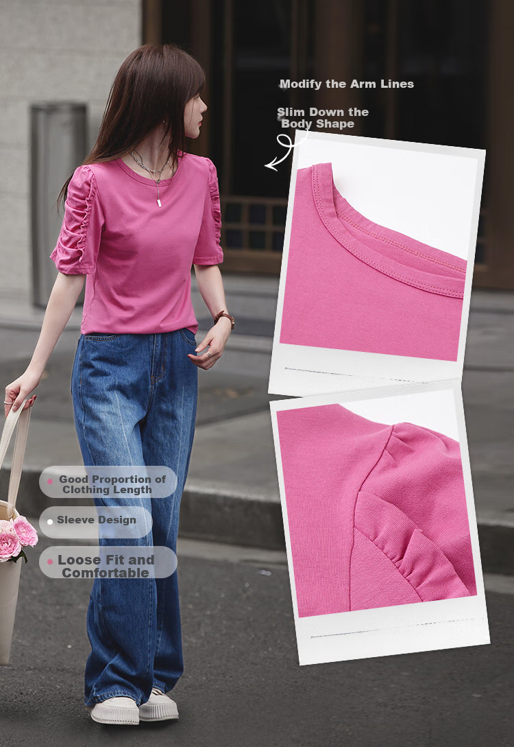 Mt [Korean Sweet Style] Summer All-Cotton Puff Sleeve Ruffle Trim Round Neck T-Shirt 6