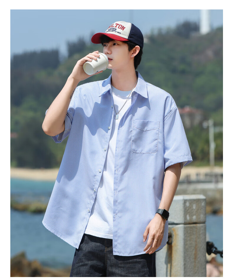 SWAMP AREA Japanese-Style Short-Sleeve Shirt for Men, Summer Trendy Versatile Loose Striped Workwear Shirt Jacket CS2512 Blue XL 12