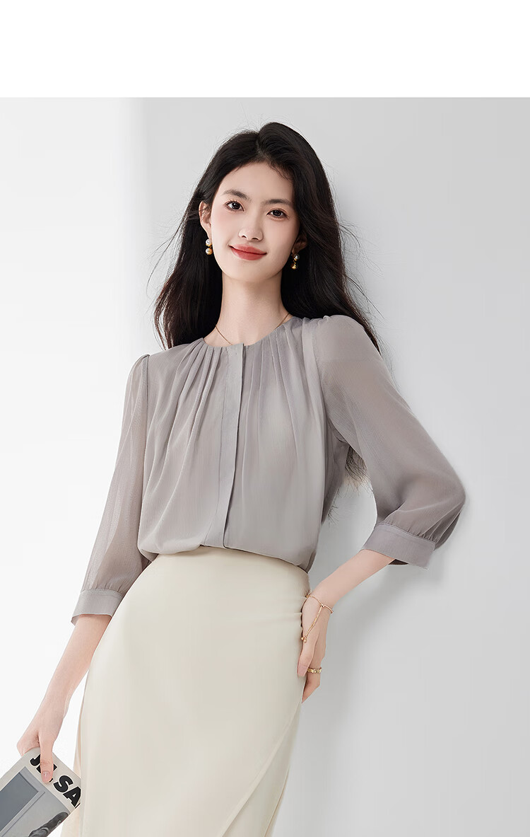 Sentubila Fashionable Round Neck Three-Quarter Sleeve Chiffon Blouse for Women, Autumn Elegant Youthful Style Office Wear Top, White, Size S 12