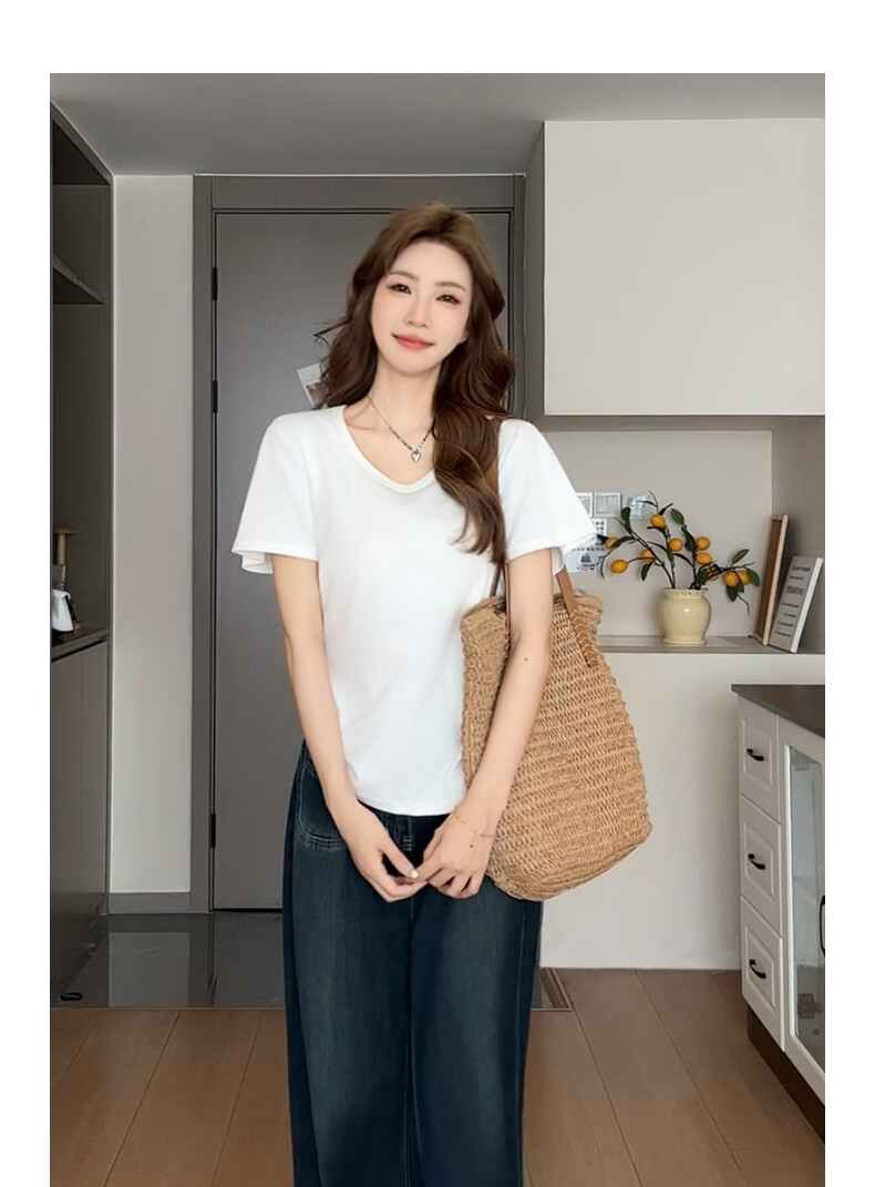 Ziyouxi Women's Cotton Short Sleeve T-Shirt 2025 New Pink U-Neck Loose Summer Casual Solid Color Relaxed Fit 11