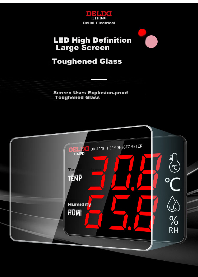 DELIXI ELECTRIC Industrial-Grade Indoor Temperature And Humidity Meter, Large Screen Electronic High-Precision Wall-Mounted Temperature And Humidity Display, Ultra-Temperature Alarm 5