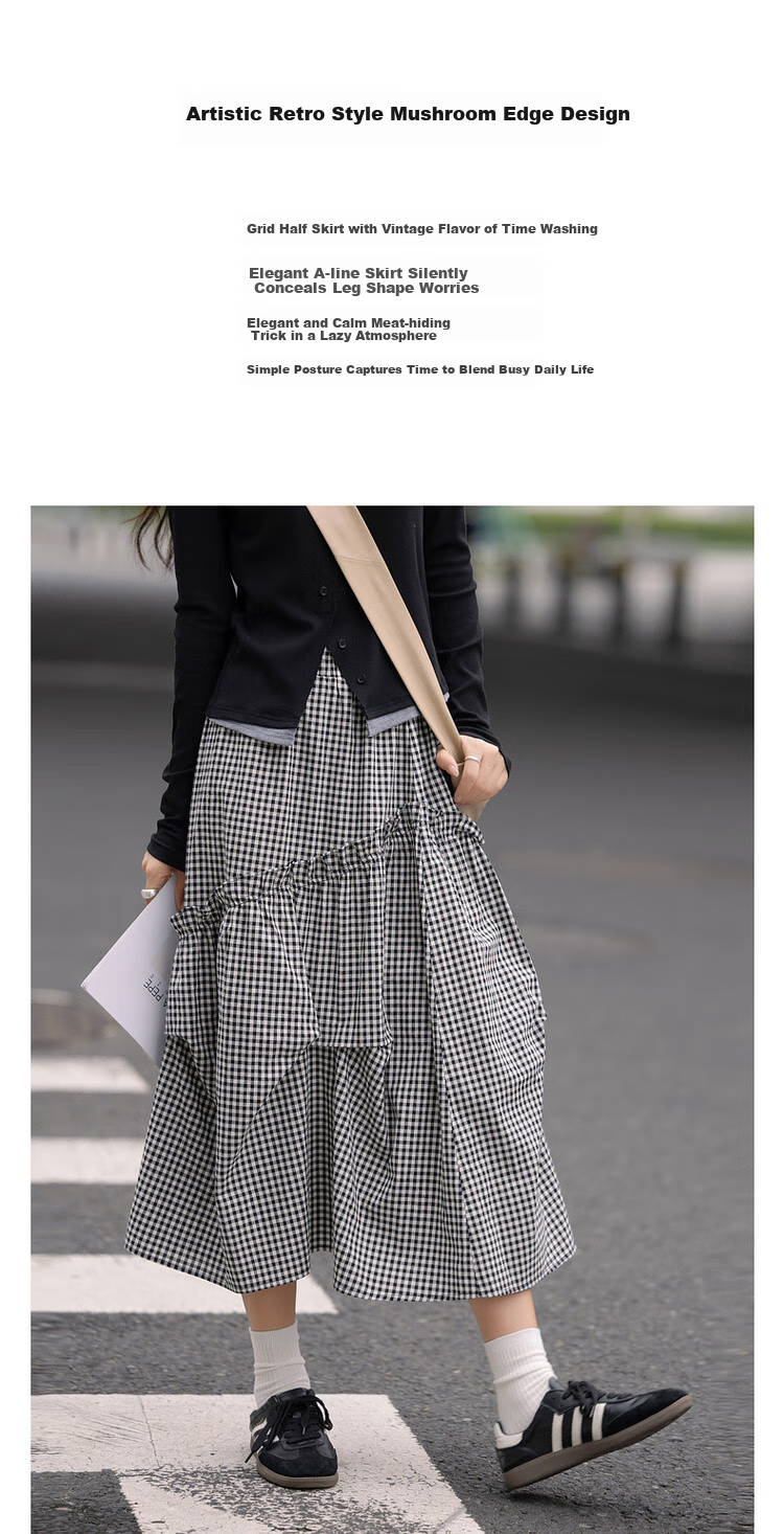 Dme [Fresh Cloud Cotton] Spring Vintage Floral Bud Ruffle Elastic Waist A-Line Plaid Midi Skirt for Wome 1