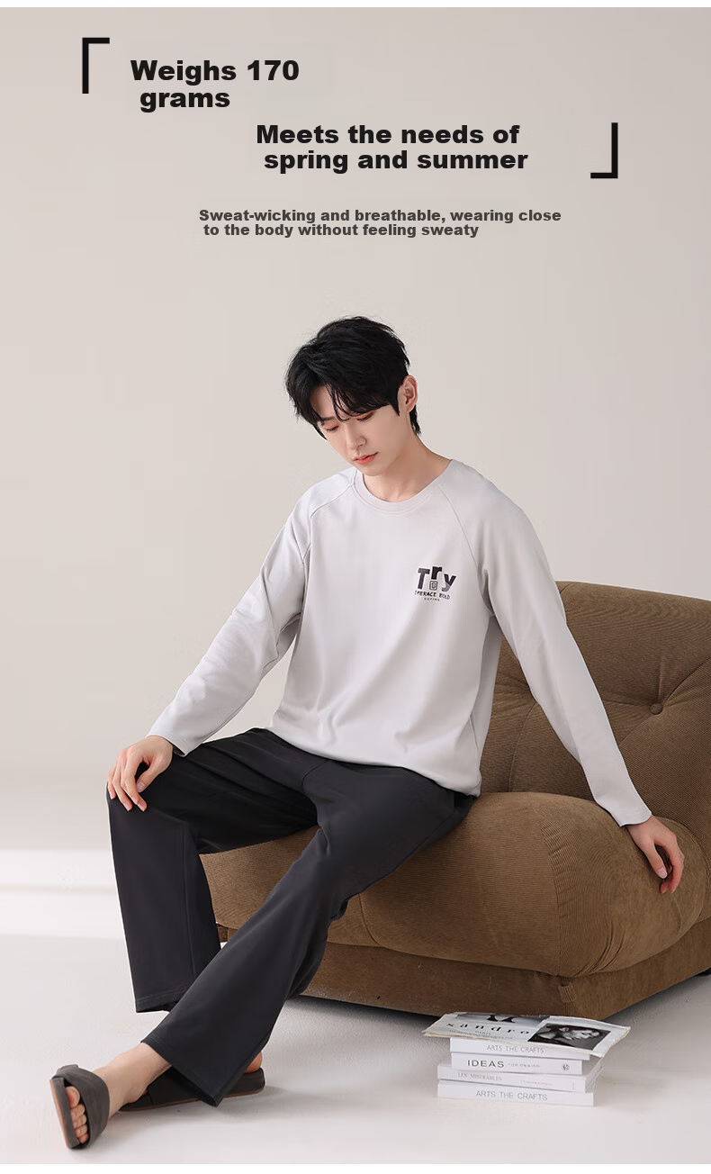 BOPRUIEY Men's Pajamas Spring And Summer 7A Antibacterial And Anti-Mite Cotton Long-Sleeve Long Pants Loose Simple Wearable Loungewear Set 6