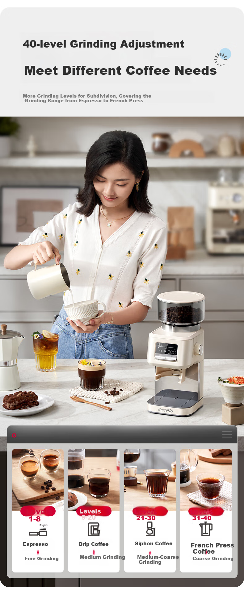 Barsetto [30-Day Price Protection] Baisengtu Italian Semi-Automatic Home Cold Brew Coffee Machine, Temperature-Controlled Pump-Pressed Extraction, Detachable Machine for Cold And Hot Dual Extraction, Small Grinder M2C Beige Set 9