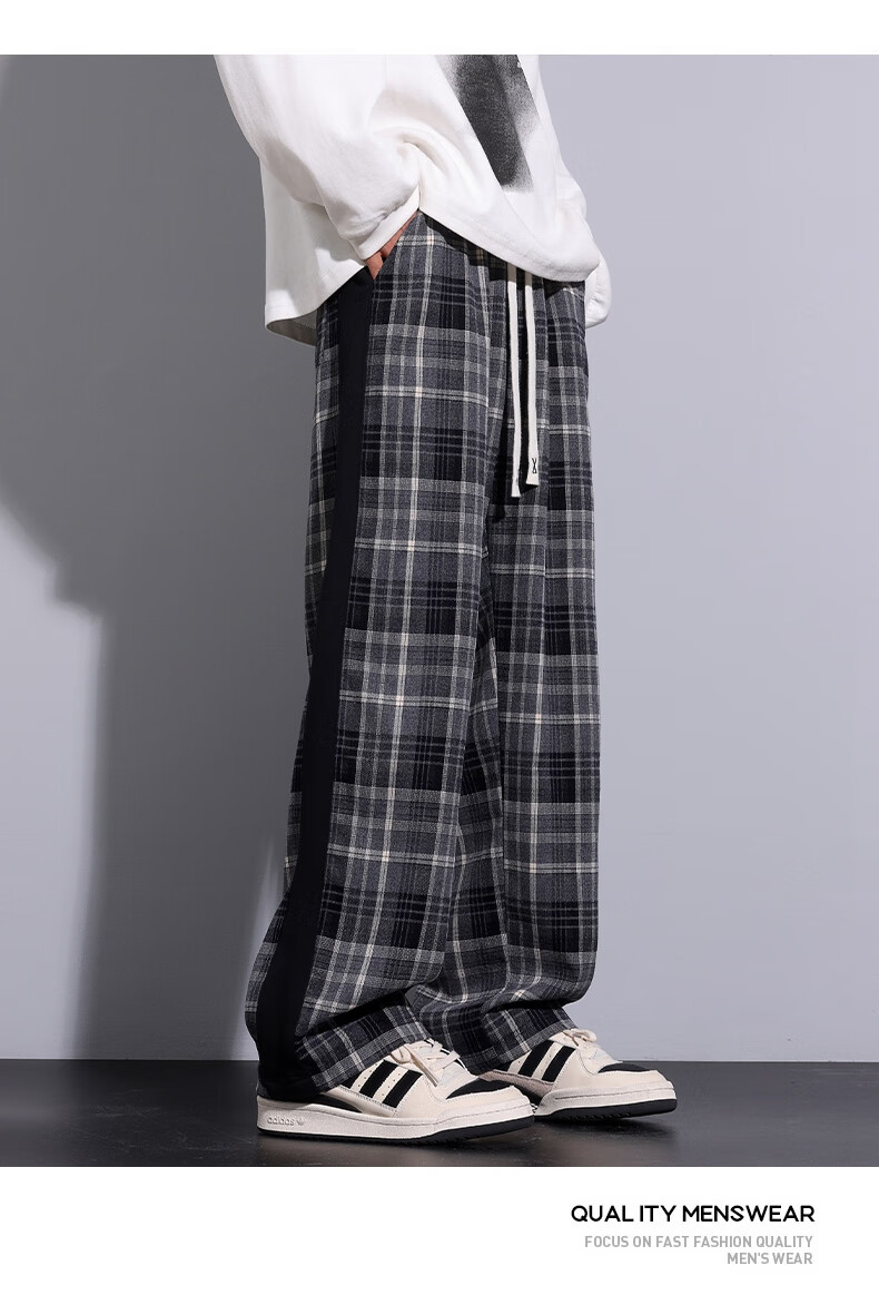 IZEXX Men's Plaid Pants, Summer American Straight Wide-Leg Loose Versatile Casual Pants, Sporty Retro Style ZL27 Gray L 16
