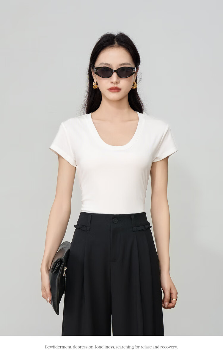 Olrain White U-Neck Slim Fit Short Sleeve T-Shirt for Women Summer Petite Top White L 9